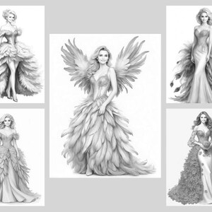 50 Fantasy Gowns Coloring Pages, Women In Elegant Dresses Coloring Book PDF, Grayscale Printable Dress Coloring, Feathered & Floral Gowns image 9