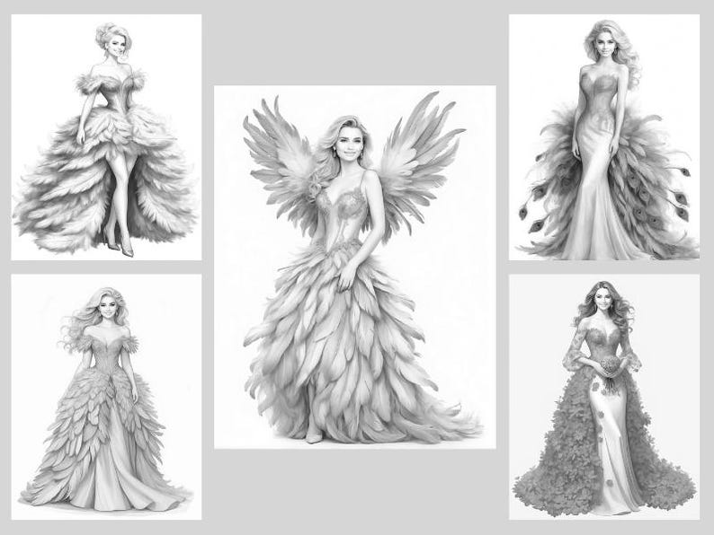 50 Fantasy Gowns Coloring Pages, Women In Elegant Dresses Coloring Book PDF, Grayscale Printable Dress Coloring, Feathered & Floral Gowns image 9