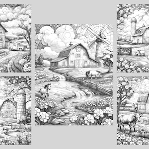 K&ouml;nnte beinhalten: Ein Set aus sechs Schwarzwei&szlig;illustrationen von Farmszenen. Jede Illustration zeigt eine rote Scheune, eine Windm&uuml;hle, einen Bach und verschiedene Nutztiere. Die Illustrationen sind perfekt zum Ausmalen oder zum Hinzuf&uuml;gen eigener kreativer Elemente.