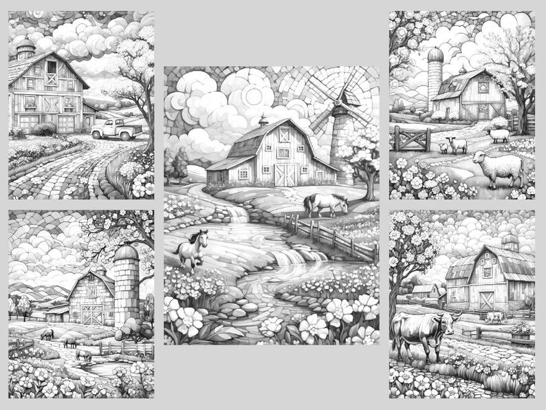 K&ouml;nnte beinhalten: Ein Set aus sechs Schwarzwei&szlig;illustrationen von Farmszenen. Jede Illustration zeigt eine rote Scheune, eine Windm&uuml;hle, einen Bach und verschiedene Nutztiere. Die Illustrationen sind perfekt zum Ausmalen oder zum Hinzuf&uuml;gen eigener kreativer Elemente.