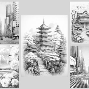 May include: A black and white pencil drawing of a Japanese pagoda surrounded by trees and a stone path. The pagoda has a tiered roof and is decorated with intricate details. The trees are drawn with a variety of textures and shapes, creating a sense of depth and realism.