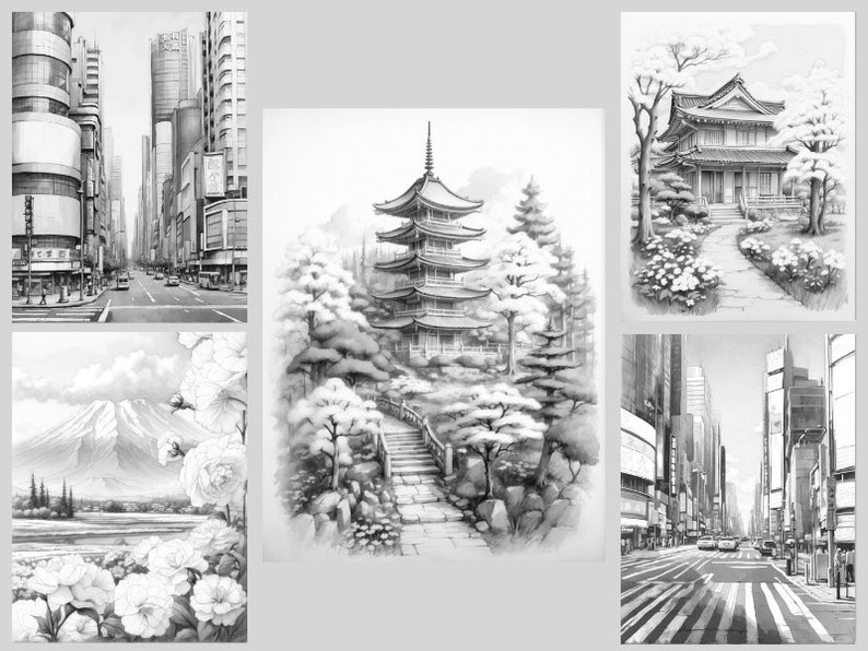 May include: A black and white pencil drawing of a Japanese pagoda surrounded by trees and a stone path. The pagoda has a tiered roof and is decorated with intricate details. The trees are drawn with a variety of textures and shapes, creating a sense of depth and realism.
