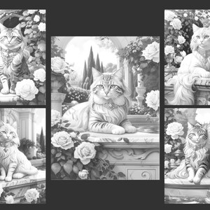 May include: Five black and white images of cats in a garden setting. Each cat is sitting on a stone ledge with flowers and greenery behind them. The cats are all looking at the camera.