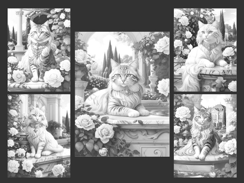 May include: Five black and white images of cats in a garden setting. Each cat is sitting on a stone ledge with flowers and greenery behind them. The cats are all looking at the camera.