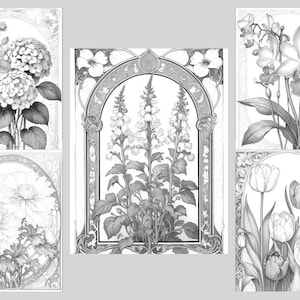 May include: Five black and white illustrations of different flowers in ornate frames. The flowers include hydrangeas, foxgloves, orchids, tulips, and peonies.
