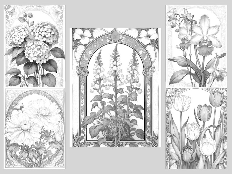 May include: Five black and white illustrations of different flowers in ornate frames. The flowers include hydrangeas, foxgloves, orchids, tulips, and peonies.