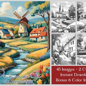 45 Landscape Coloring Pages, Denmark Coloring Book, Printable PDF Grayscale Cityscape & Landscape Coloring For Adults, Floral Coloring