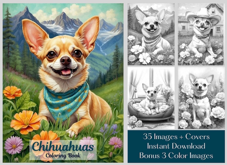 35 Chihuahua Dogs Coloring Pages. Instant Download Chihuahua Dog Coloring Book. Grayscale Coloring Adult Coloring Book.