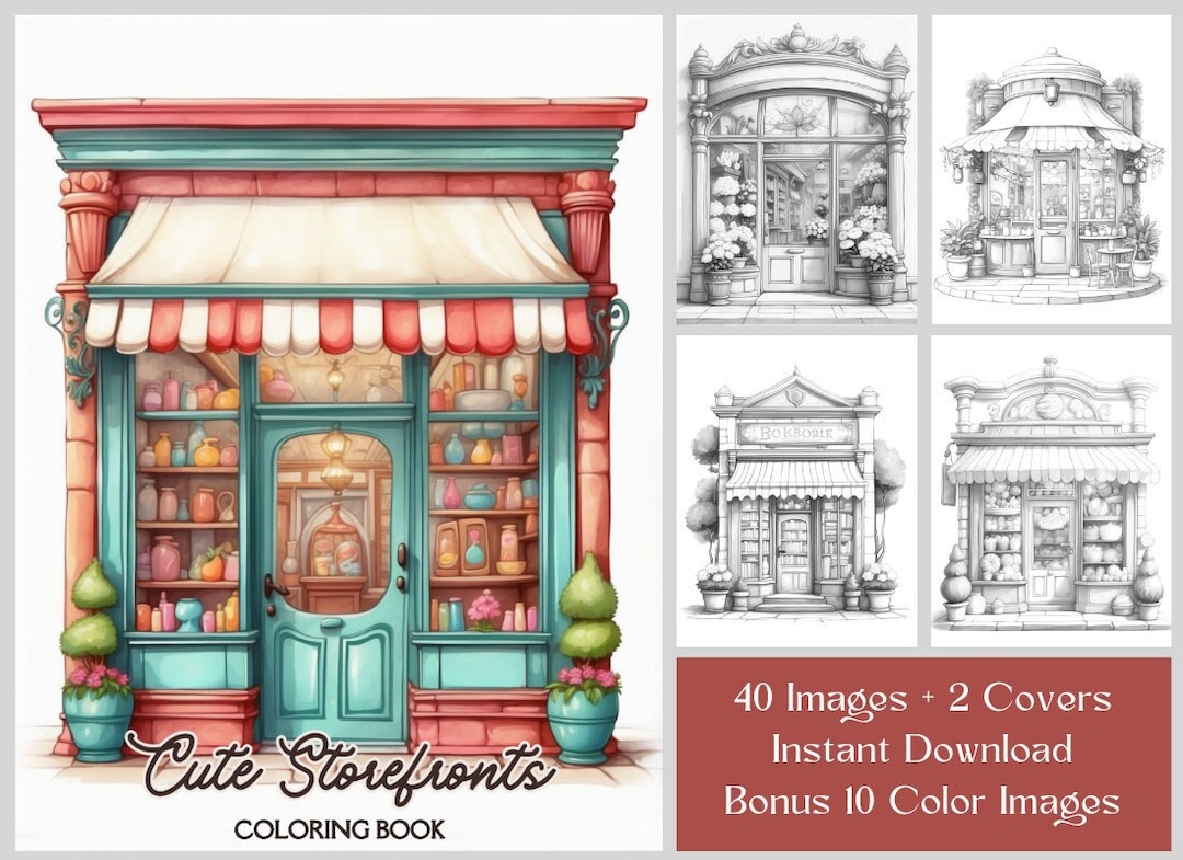 40 Storefront Coloring Pages - Bookstore, Flower Shop, Candy Shop, Cafe