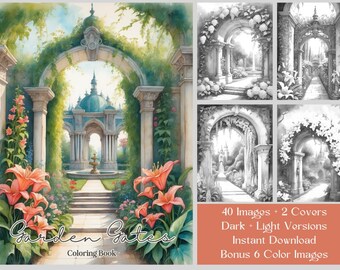 40 Garden Gates Coloring Pages, Garden Coloring Book, Instant Download, Grayscale Coloring Book, Printable PDF, Garden, Flowers Coloring
