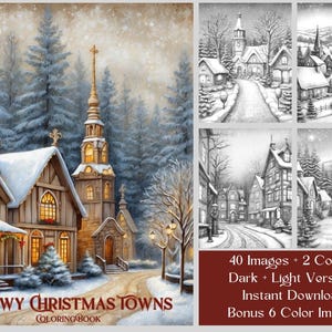 40 Weihnachten Malvorlagen, verschneite Weihnachtsdörfer, Graustufen Malbuch, Weihnachten Malvorlagen, sofortiger Download, druckbare PDF-Datei
