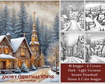Snowy Christmas Towns Coloring Book: 40 Grayscale Pages (Printable PDF)