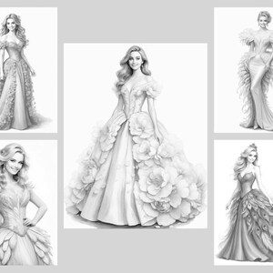 50 Fantasy Gowns Coloring Pages, Women In Elegant Dresses Coloring Book PDF, Grayscale Printable Dress Coloring, Feathered & Floral Gowns image 6