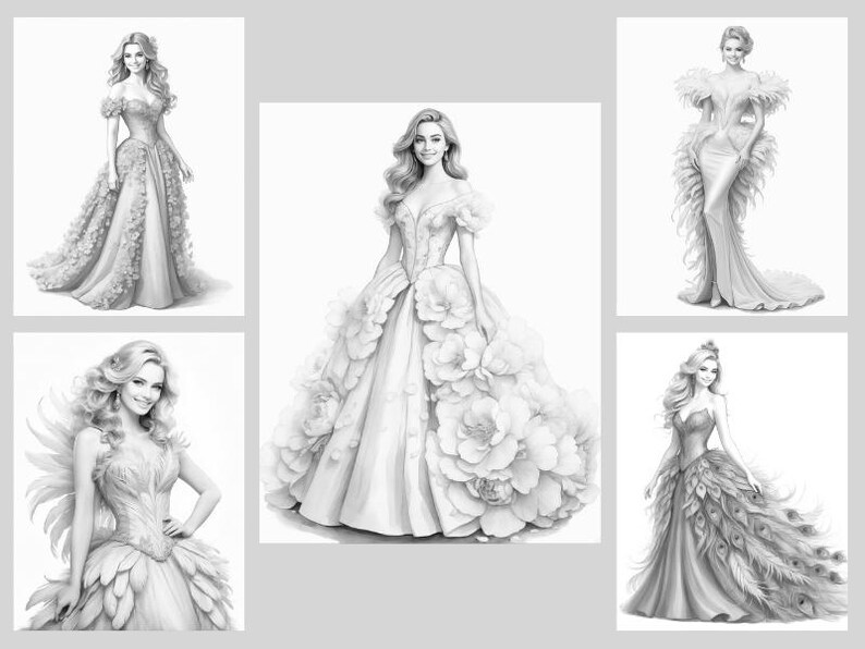 50 Fantasy Gowns Coloring Pages, Women In Elegant Dresses Coloring Book PDF, Grayscale Printable Dress Coloring, Feathered & Floral Gowns image 6