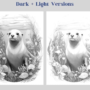 May include: A black and white illustration of a seal in an underwater scene. The seal is surrounded by seaweed and fish. The image is in a circular frame.
