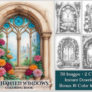 50 Enchanted Windows Coloring Pages, Fantasy Coloring Book PDF For Adults & Kids, Grayscale Printable Digital Floral Window Coloring Pages