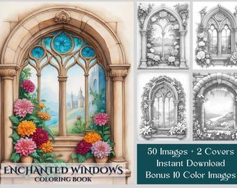50 Enchanted Windows Coloring Pages, Fantasy Coloring Book PDF For Adults & Kids, Grayscale Printable Digital Floral Window Coloring Pages
