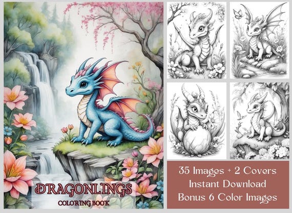 Baby Dragons Coloring Book: 35 Dragonlings Grayscale Pages, Printable PDF, Fantasy Coloring Pages