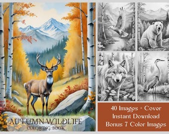 Wildlife Coloring Pages: 40 Animals In Autumn Nature, Grayscale Coloring For Adults, Printable PDF