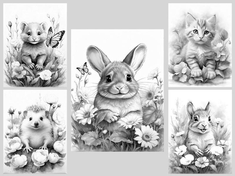 Baby Animals Coloring Book: 30 Grayscale Coloring Pages, Printable PDF, Digital Download image 8