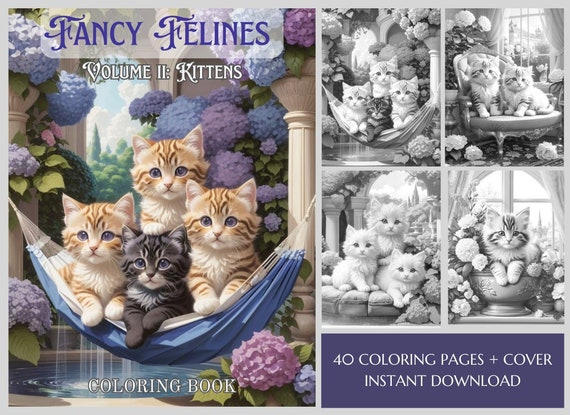 40 Fancy Kittens Coloring Pages- Cute Kittens Coloring Book for Adults - Cat Coloring Pages - Instant Download - Grayscale Coloring Book PDF
