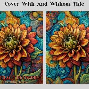 May include: A coloring book cover featuring an abstract flower with orange, yellow, and green petals against a blue and teal background with swirling patterns. The title "ABSTRACT FLOWERS COLORING BOOK" is printed in red at the bottom of the cover.