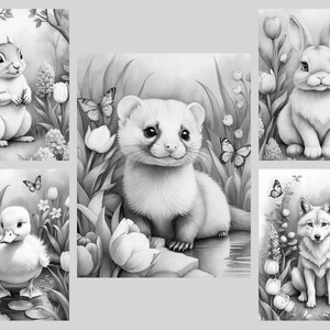 May include: A black and white coloring page featuring five different animals: a squirrel, a ferret, a rabbit, a duck, and a wolf. Each animal is surrounded by flowers and butterflies.