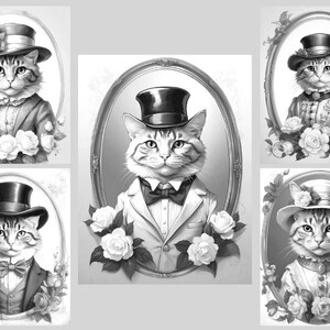 May include: Five black and white illustrations of cats wearing hats and formal attire. Each cat is framed in an oval with floral accents.