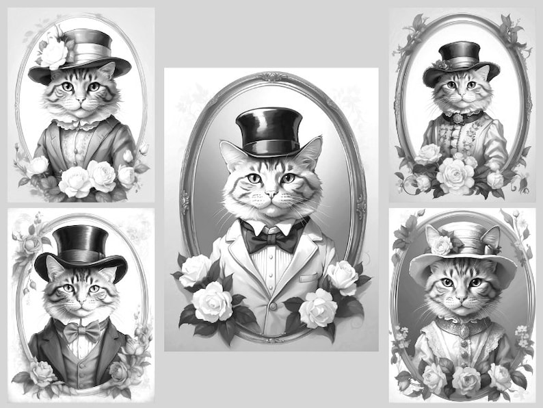 May include: Five black and white illustrations of cats wearing hats and formal attire. Each cat is framed in an oval with floral accents.