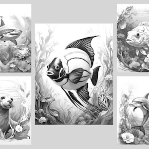 May include: Black and white coloring pages featuring a variety of sea creatures, including a shark, a fish, a sea otter, a dolphin, and a fish. The images are set against a background of coral reefs and seaweed.