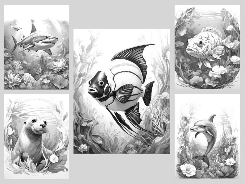 May include: Black and white coloring pages featuring a variety of sea creatures, including a shark, a fish, a sea otter, a dolphin, and a fish. The images are set against a background of coral reefs and seaweed.