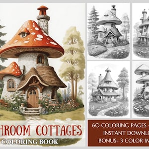 60 Mushroom Houses Coloring Book - Gnome Houses Coloring Book PDF - Printable Fantasy Coloring Pages for Kids or Adults - Grayscale Coloring