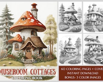 60 Mushroom Houses Coloring Book - Gnome Houses Coloring Book PDF - Printable Fantasy Coloring Pages for Kids or Adults - Grayscale Coloring