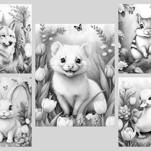 May include: Black and white coloring page featuring five different animals: a wolf, a ferret, a rabbit, a duck, and a squirrel. Each animal is surrounded by flowers and butterflies.