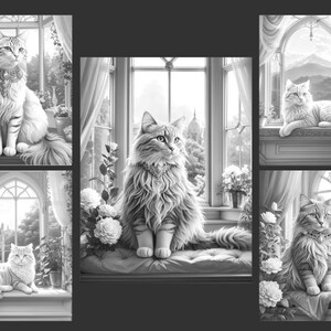 May include: A black and white image of four cats sitting in windows. Each cat is wearing a jeweled collar and is surrounded by flowers. The windows are ornate and have a view of a cityscape or mountains.
