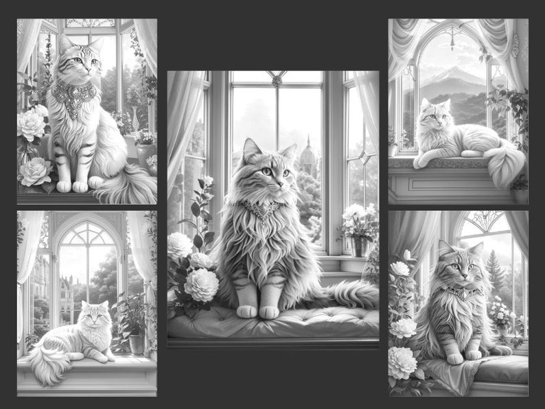 May include: A black and white image of four cats sitting in windows. Each cat is wearing a jeweled collar and is surrounded by flowers. The windows are ornate and have a view of a cityscape or mountains.
