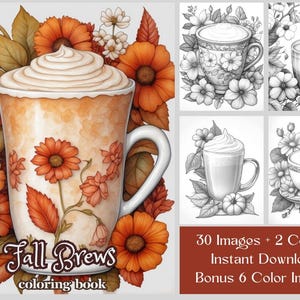 30 Coffee Coloring Pages, Fall Brews Grayscale Coloring Book, Sweet Coffee Drinks & Autumn Foliage Printable Coloring For Adults And Kids