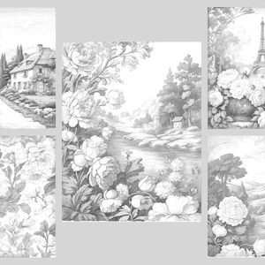 May include: A set of six black and white pencil drawings featuring various scenes of nature and architecture. The drawings include a country house, a river, a forest, a bridge, and the Eiffel Tower.