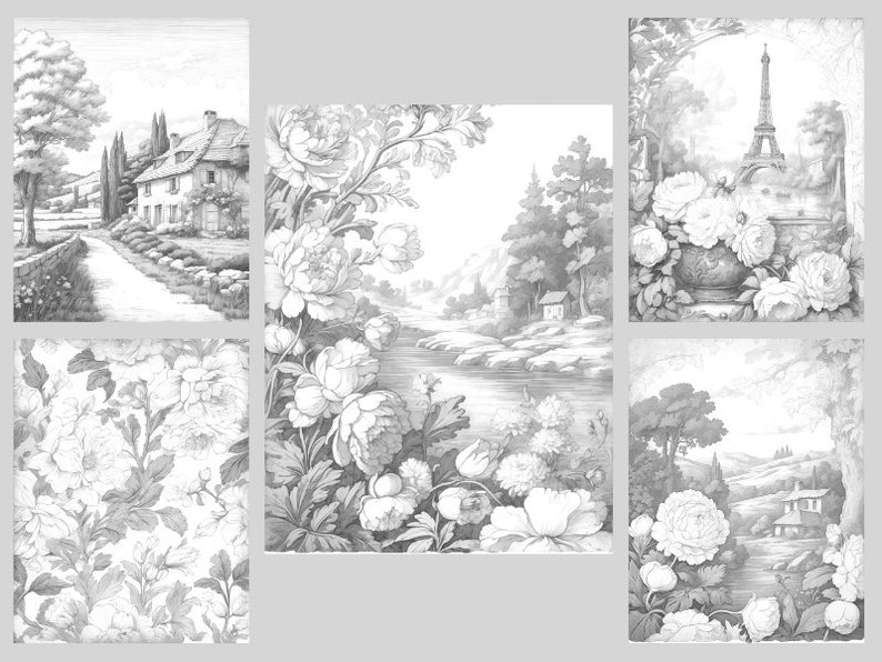 May include: A set of six black and white pencil drawings featuring various scenes of nature and architecture. The drawings include a country house, a river, a forest, a bridge, and the Eiffel Tower.