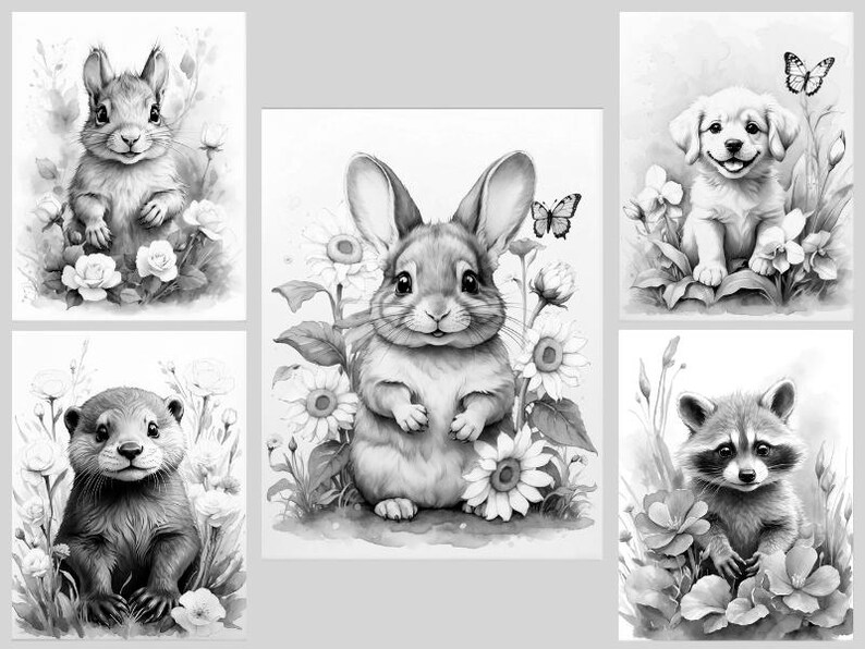 Baby Animals Coloring Book: 30 Grayscale Coloring Pages, Printable PDF, Digital Download image 6