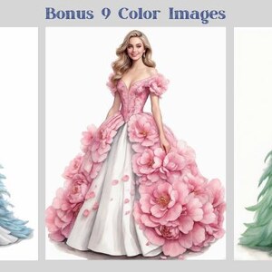50 Fantasy Gowns Coloring Pages, Women In Elegant Dresses Coloring Book PDF, Grayscale Printable Dress Coloring, Feathered & Floral Gowns image 2