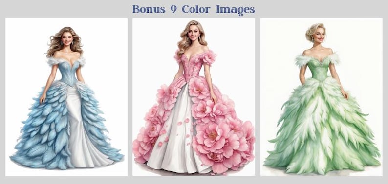 50 Fantasy Gowns Coloring Pages, Women In Elegant Dresses Coloring Book PDF, Grayscale Printable Dress Coloring, Feathered & Floral Gowns image 2