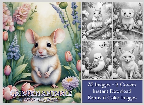 Garden Animals Coloring Book: 35 Grayscale Woodland Creatures, Printable PDF, Digital Download