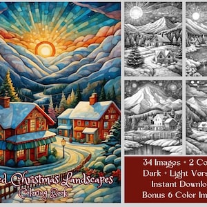 34 Weihnachtsmalseiten, Gesteppte Weihnachtslandschaften, Malbuch, druckbare PDF-Datei, Fantasy Färbung, Erwachsene Graustufen Weihnachtsfärbung