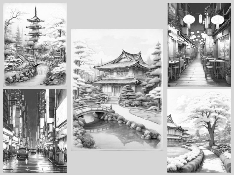 May include: A black and white illustration of five different scenes depicting Japanese architecture and landscapes. The scenes include a pagoda, a traditional Japanese house, a street with shops, a garden with a bridge, and a garden with a cherry blossom tree.