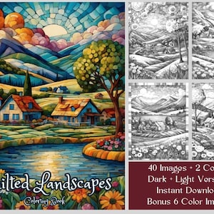 May include: A coloring book cover featuring a colorful illustration of a quilted landscape with houses, a river, and mountains. The text "Quilted Landscapes Coloring Book" is at the bottom of the image. The cover also includes a preview of the coloring pages, showing the same scene in black and white.