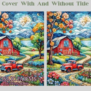 K&ouml;nnte beinhalten: Ein Malbuchcover mit einer Mosaik-Illustration einer roten Scheune, einem roten LKW und einer kurvigen Stra&szlig;e, die zur Scheune f&uuml;hrt. Der Himmel ist blau mit wei&szlig;en Wolken und einem Vollmond. Der Text "MOSAIC FARMS COLORING BOOK" befindet sich am unteren Rand des Covers.