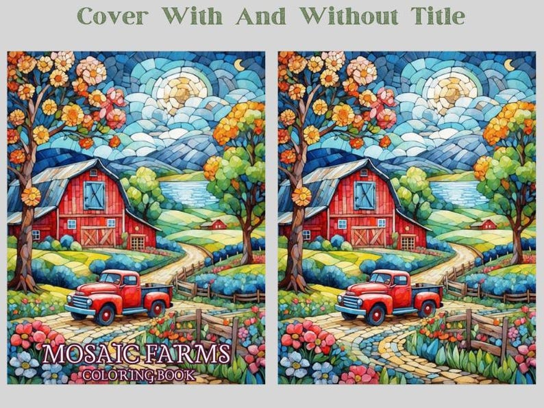 K&ouml;nnte beinhalten: Ein Malbuchcover mit einer Mosaik-Illustration einer roten Scheune, einem roten LKW und einer kurvigen Stra&szlig;e, die zur Scheune f&uuml;hrt. Der Himmel ist blau mit wei&szlig;en Wolken und einem Vollmond. Der Text "MOSAIC FARMS COLORING BOOK" befindet sich am unteren Rand des Covers.