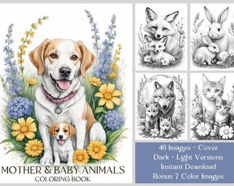 Mom & Baby Animals Coloring Book: Grayscale Coloring, 40 Printable Pages (Digital Download)