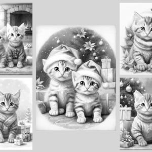 May include: A collection of five black and white illustrations featuring kittens in holiday settings. The images depict kittens wearing sweaters or Santa hats, surrounded by Christmas trees, wrapped gift boxes, and poinsettia flowers.